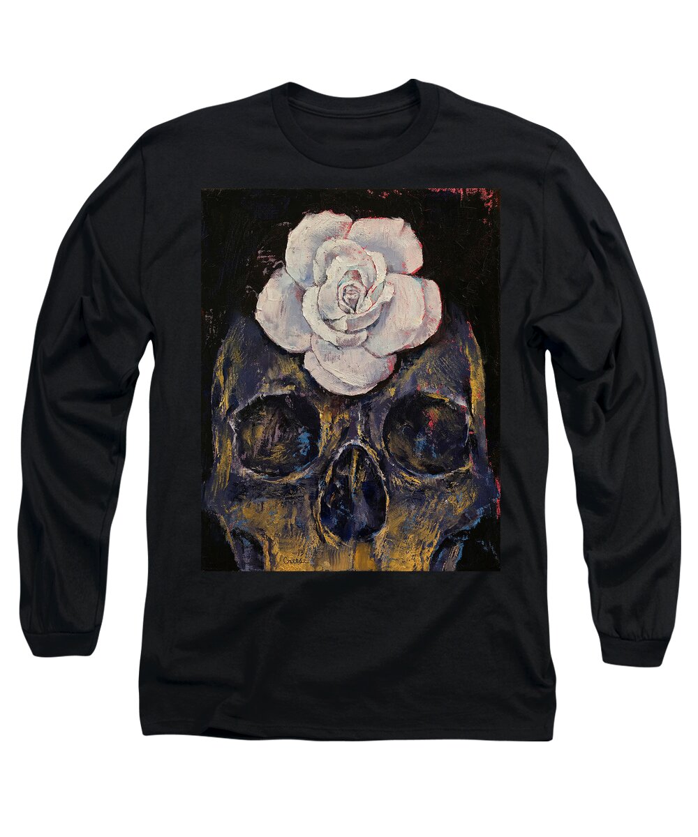 Skull Long Sleeve T-Shirt featuring the painting White Rose by Michael Creese