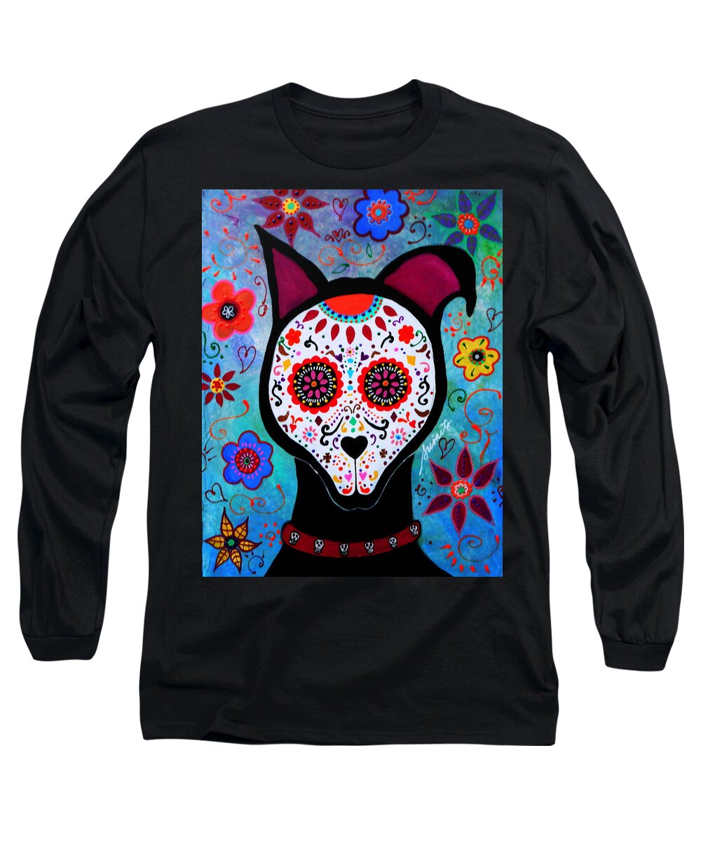 El Perro Long Sleeve T-Shirt featuring the painting El Perro Day Of The Dead by Pristine Cartera Turkus
