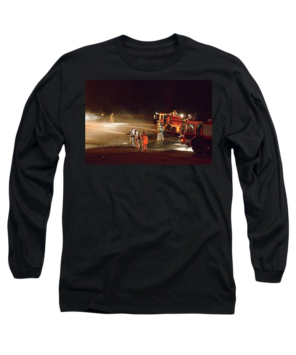 Firefighter Long Sleeve T-Shirt featuring the photograph Firefighters at work by Aaron Martens