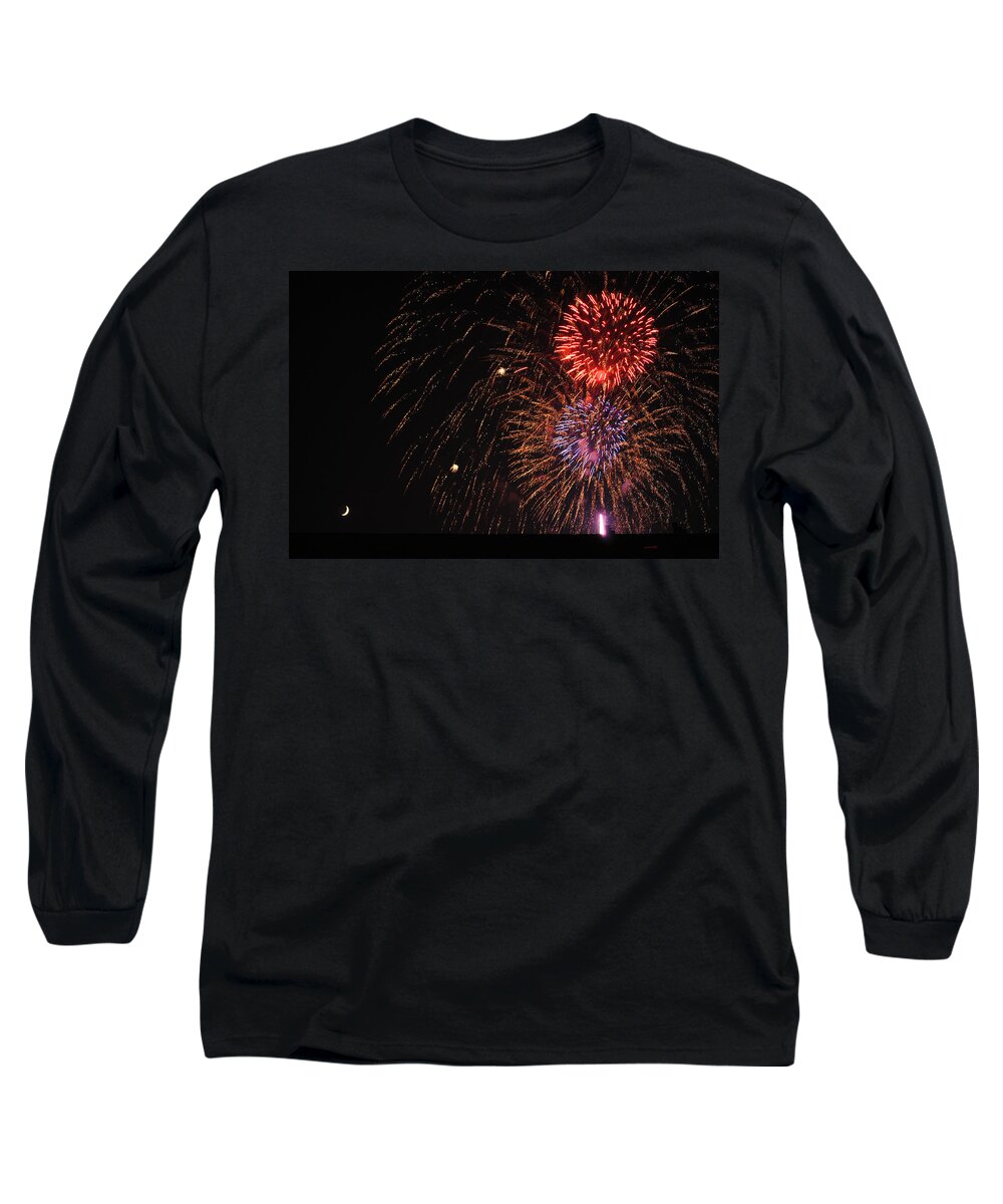 Fireworks Long Sleeve T-Shirt featuring the photograph Fireworks w Moon by Glory Ann Penington