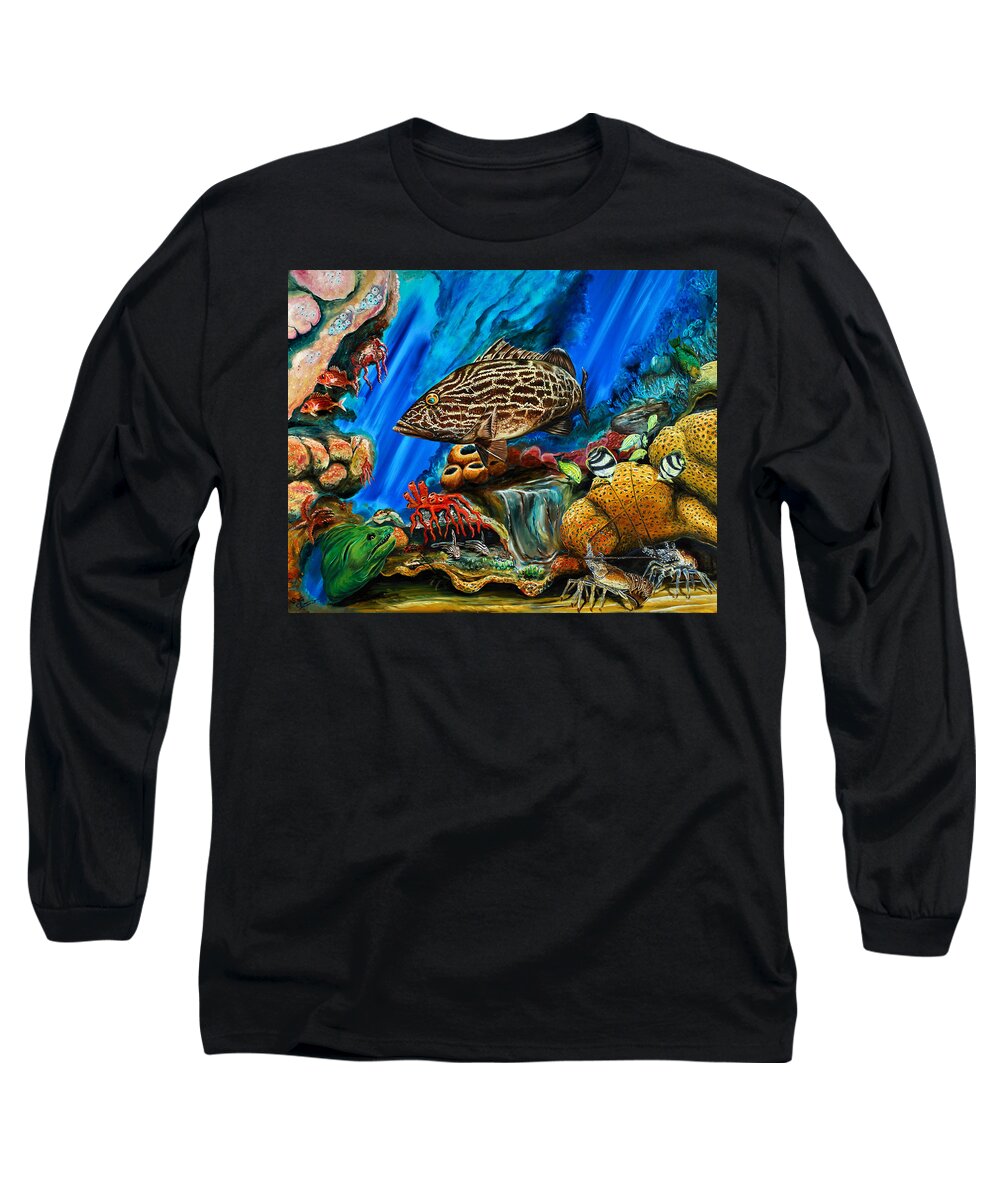 Grouper Art Long Sleeve T-Shirt featuring the painting Fishtank by Steve Ozment