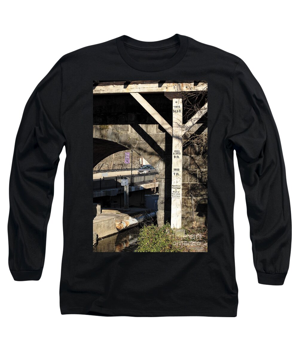 Ellicott City Long Sleeve T-Shirt featuring the photograph Flood height sign at Ellicott City Maryland by William Kuta
