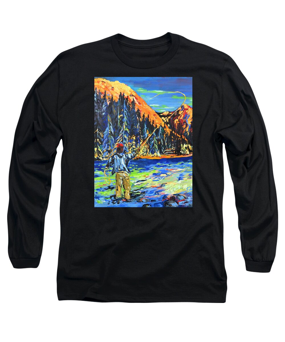 Fisherman Long Sleeve T-Shirt featuring the painting Fly Fisherman by Gregory Merlin Brown