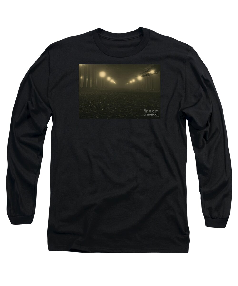 Italy Long Sleeve T-Shirt featuring the photograph Foggy night in a park by Prints of Italy