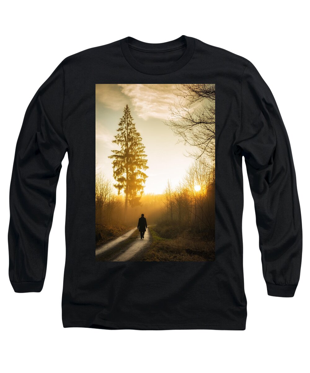 Sunset Long Sleeve T-Shirt featuring the photograph Forest path into the warm orange sunset by Matthias Hauser