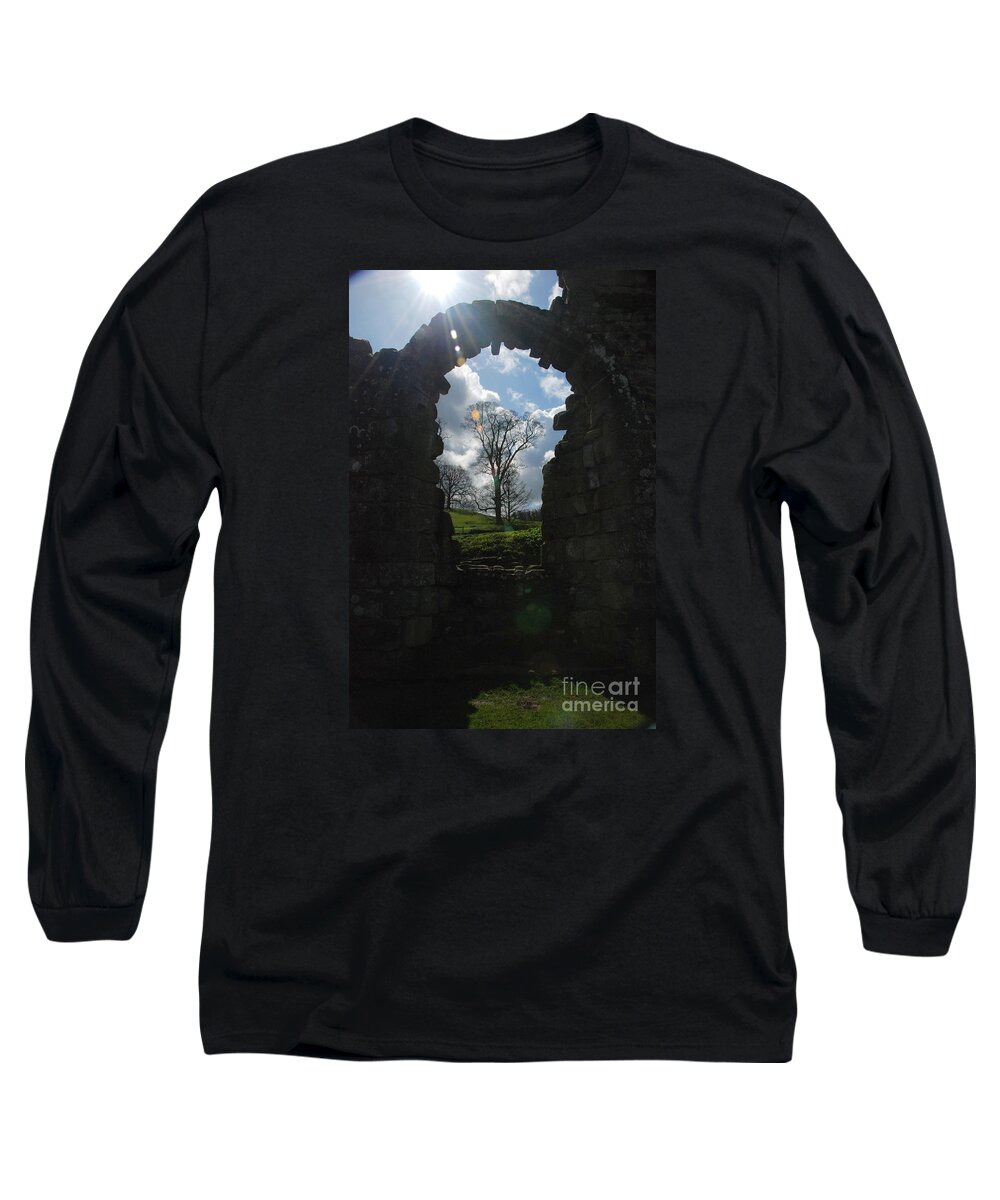 Fountains Abbey Yorkshire Uk Stone Wall Window Sun Ray Tree Arch Long Sleeve T-Shirt featuring the photograph Fountains Abbey by Richard Gibb
