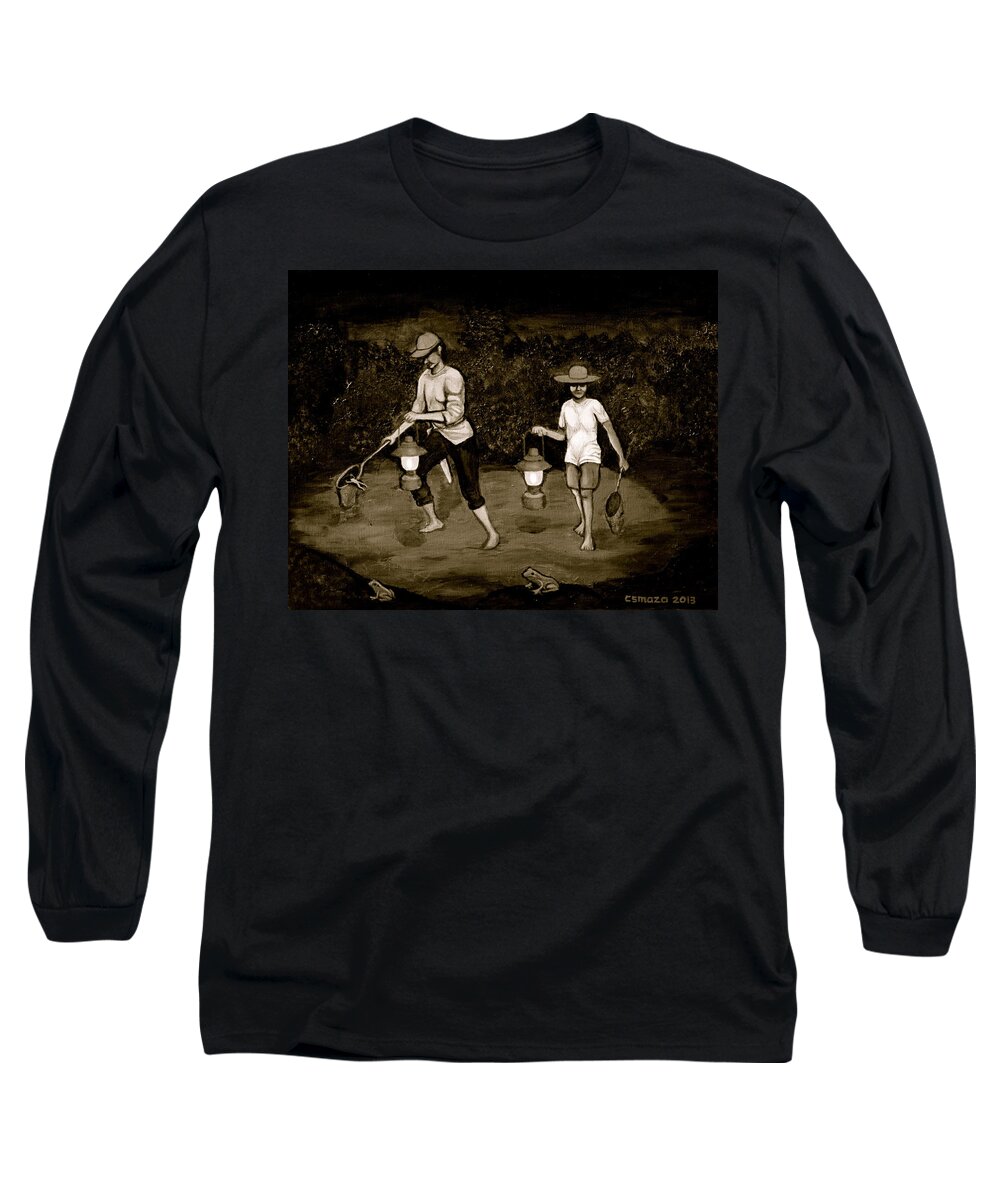 Frog Hunters Long Sleeve T-Shirt featuring the painting Frog Hunters Black and White Photograph Version by Cyril Maza