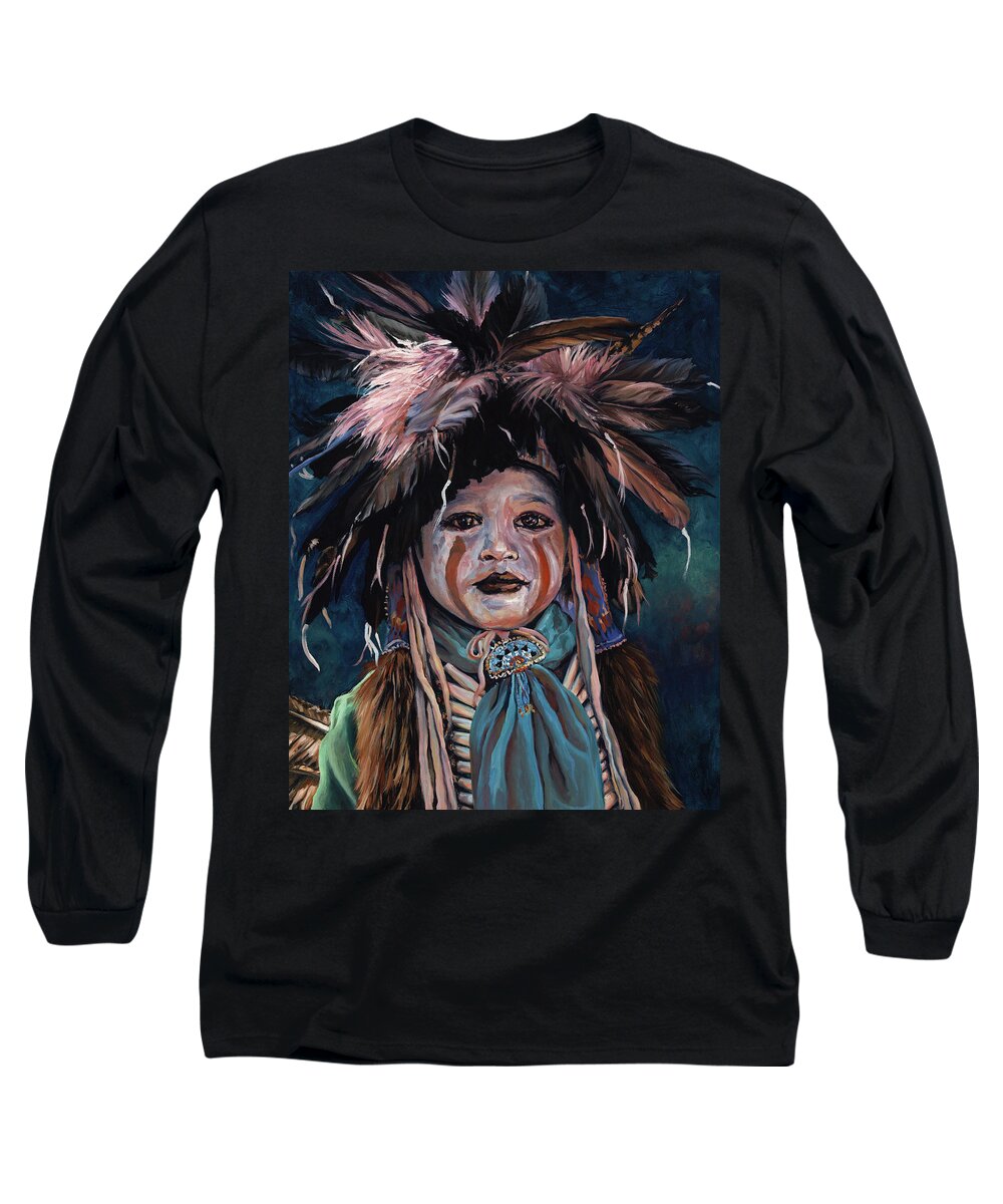 Native American Long Sleeve T-Shirt featuring the painting Fur and Feathers by Christine Lytwynczuk