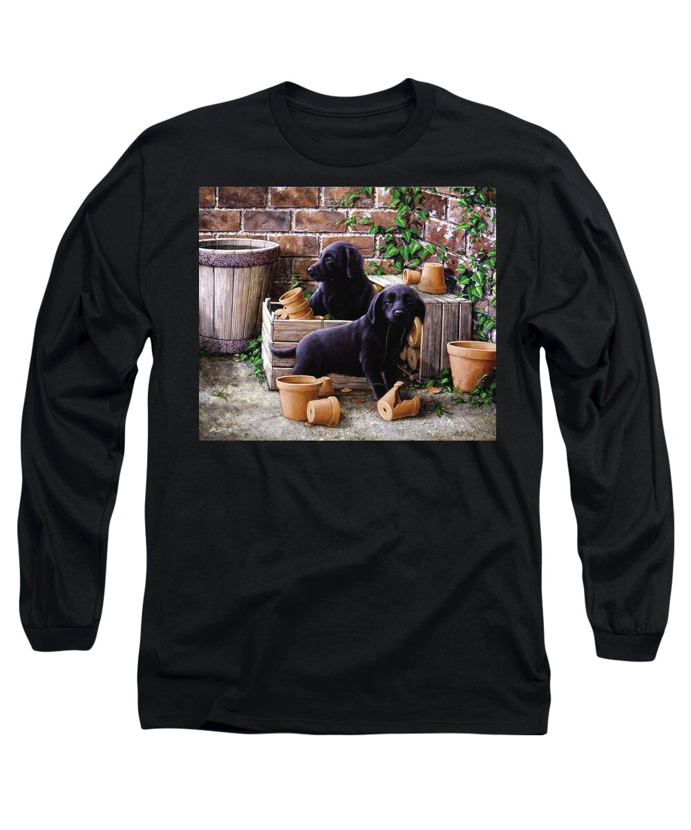 Dog Paintings Long Sleeve T-Shirt featuring the painting Gardeners corner by John Silver