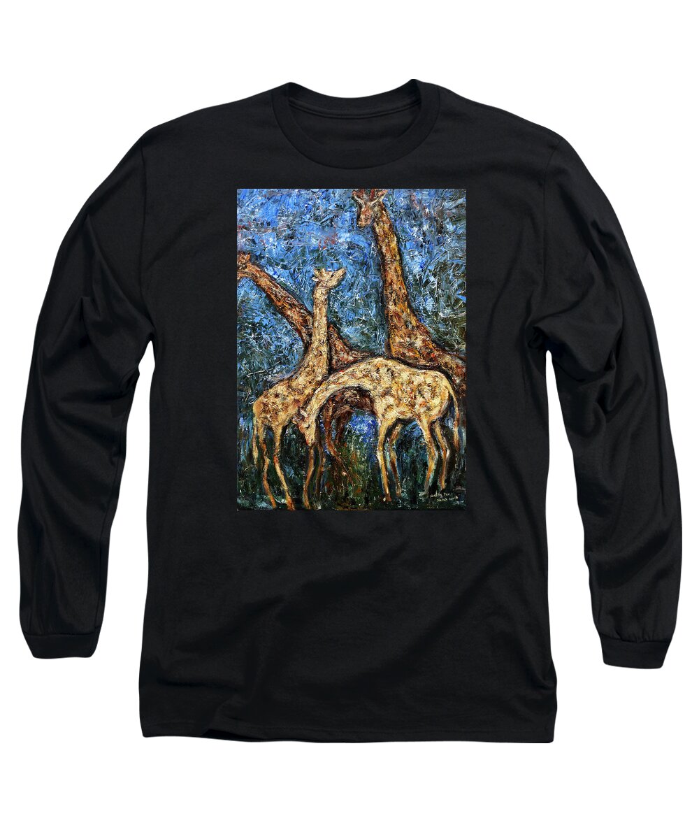 Wildlife Long Sleeve T-Shirt featuring the painting Giraffe Family by Xueling Zou