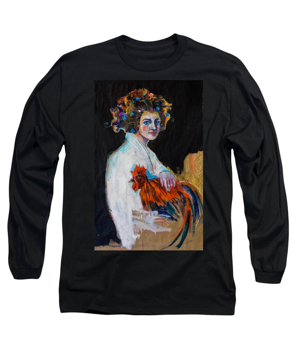 Girl Long Sleeve T-Shirt featuring the painting Girl with a rooster by Maxim Komissarchik