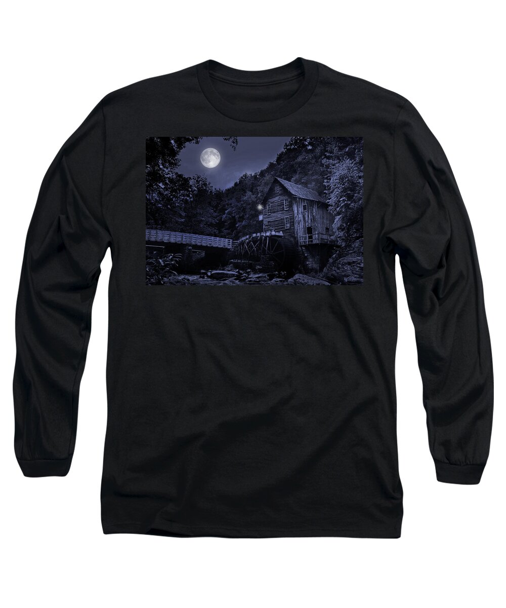 Glade Creek Grist Mill Long Sleeve T-Shirt featuring the photograph Glade Creek Grist Mill at Night by Lisa Lambert-Shank