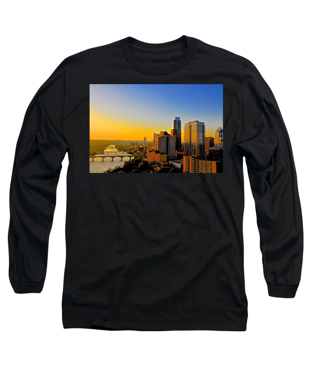 Downtown Austin Long Sleeve T-Shirt featuring the photograph Golden Sunset in Austin Texas by Kristina Deane
