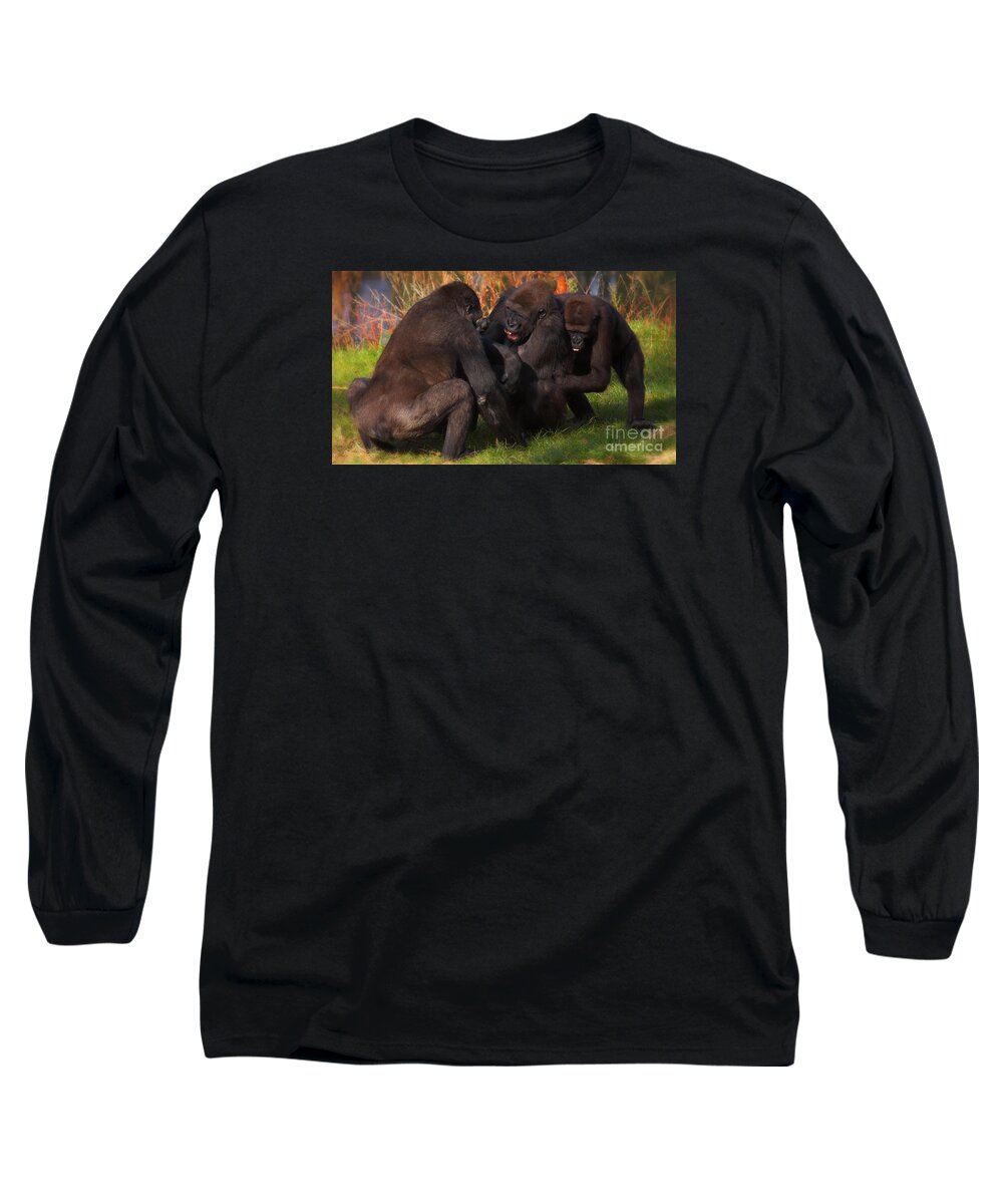Monkey Long Sleeve T-Shirt featuring the photograph Gorillas having fun together by Nick Biemans