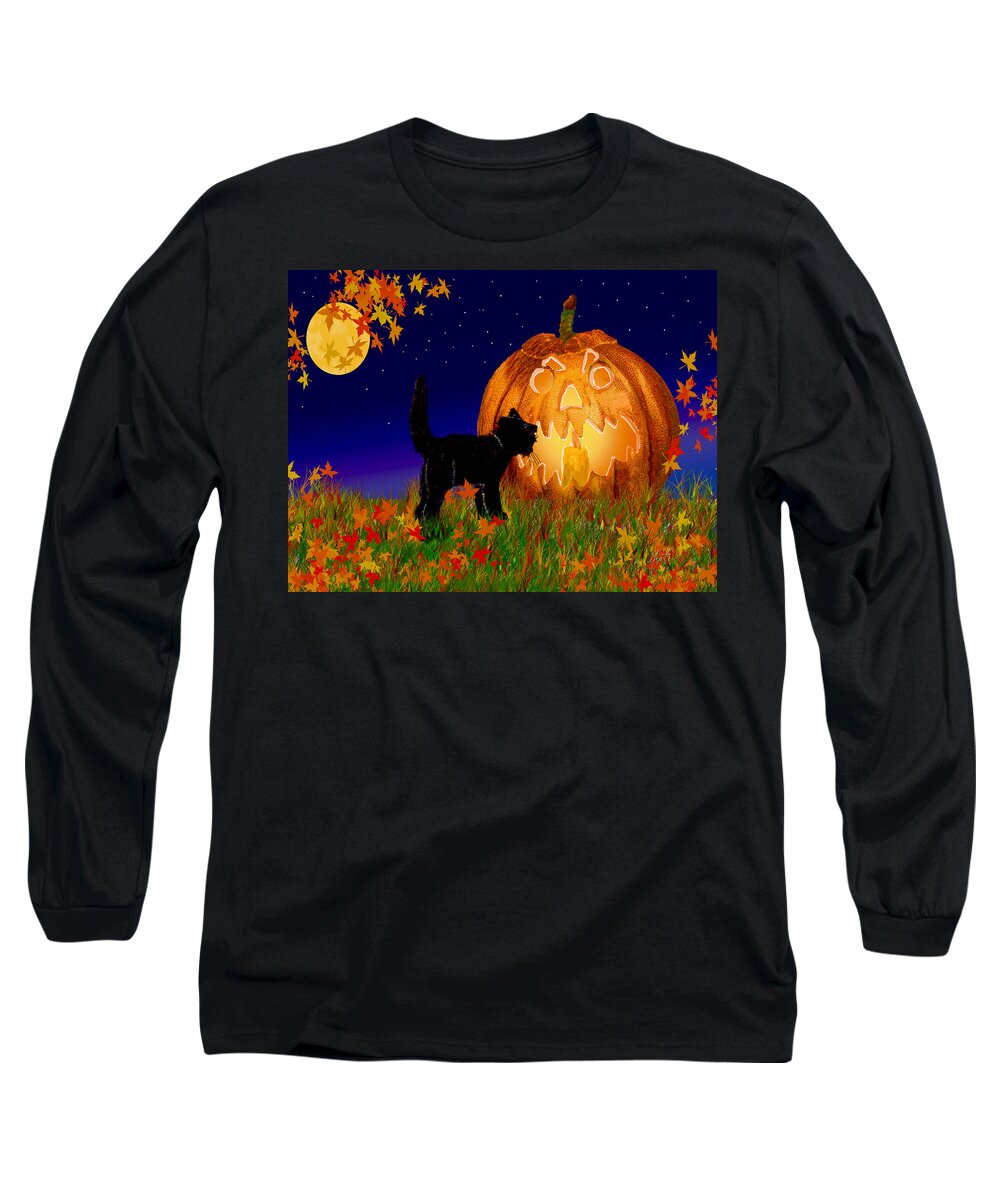 Halloween Long Sleeve T-Shirt featuring the painting Halloween Black Cat Meets The Giant Pumpkin by Michele Avanti