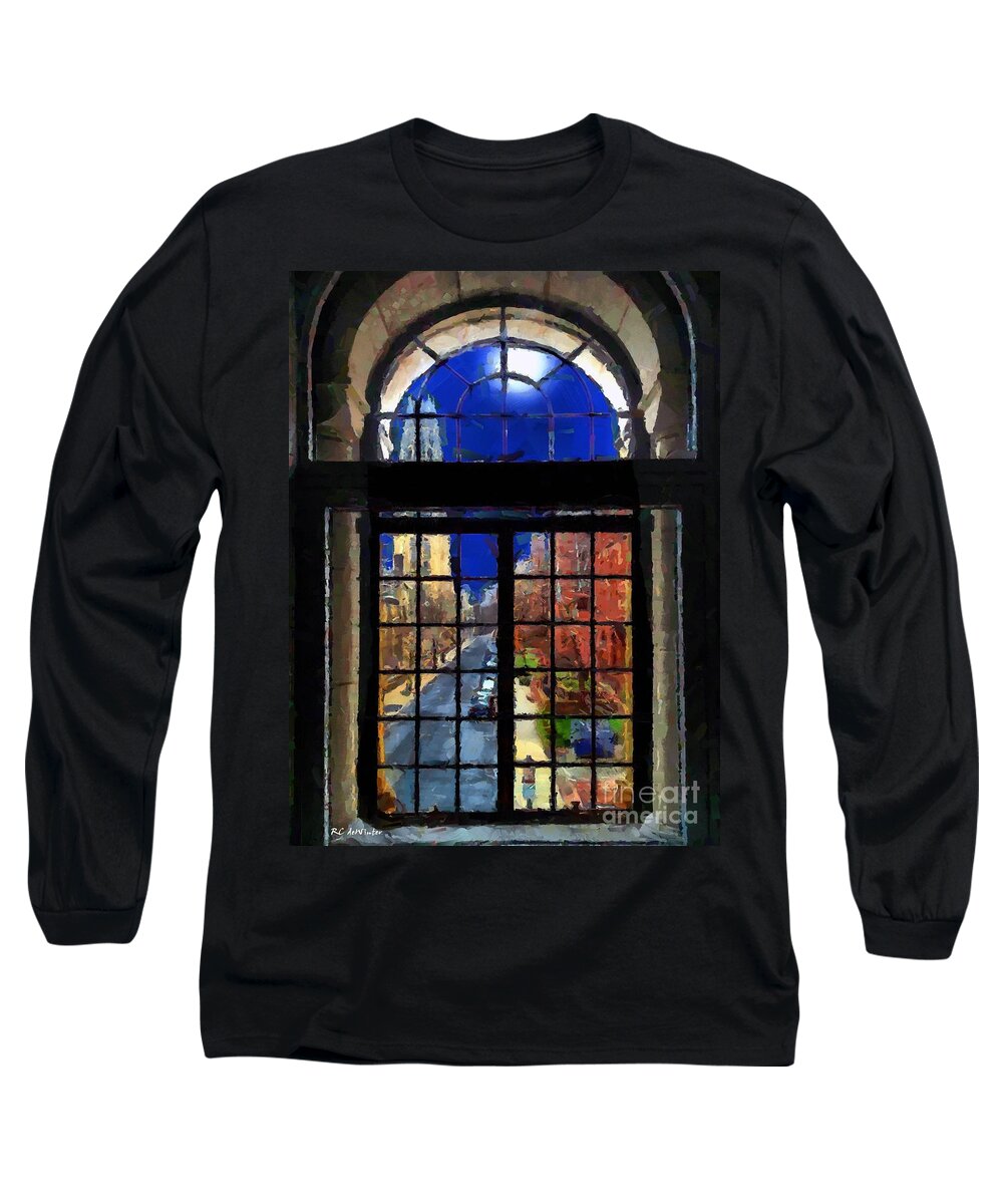 Window Long Sleeve T-Shirt featuring the painting Harkness Tower in Moonlight by RC DeWinter