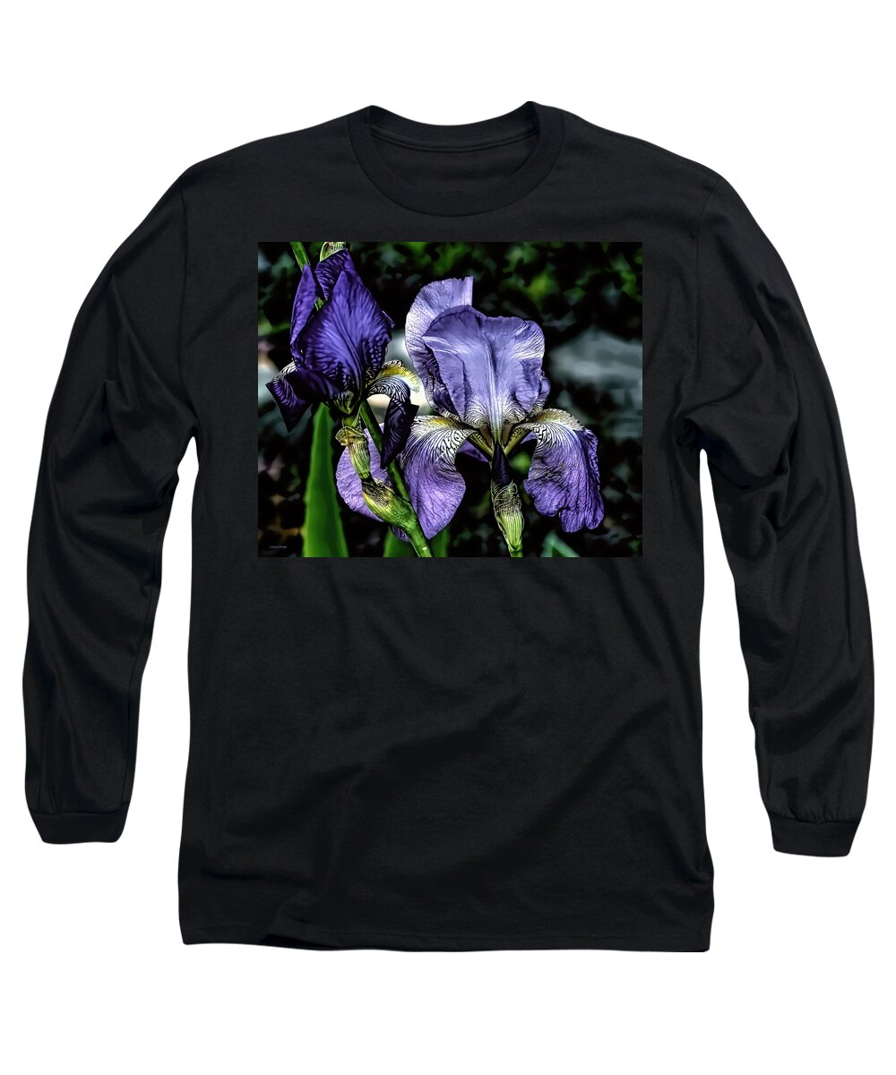 Iris Long Sleeve T-Shirt featuring the mixed media Heirloom Purple Iris Blooms by Lesa Fine