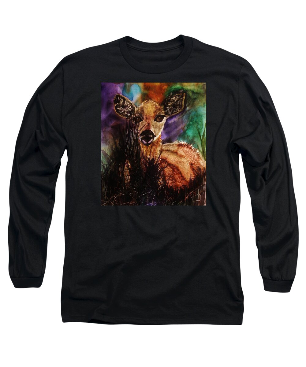 Deer Long Sleeve T-Shirt featuring the painting Hiding in the Shadows by Lil Taylor