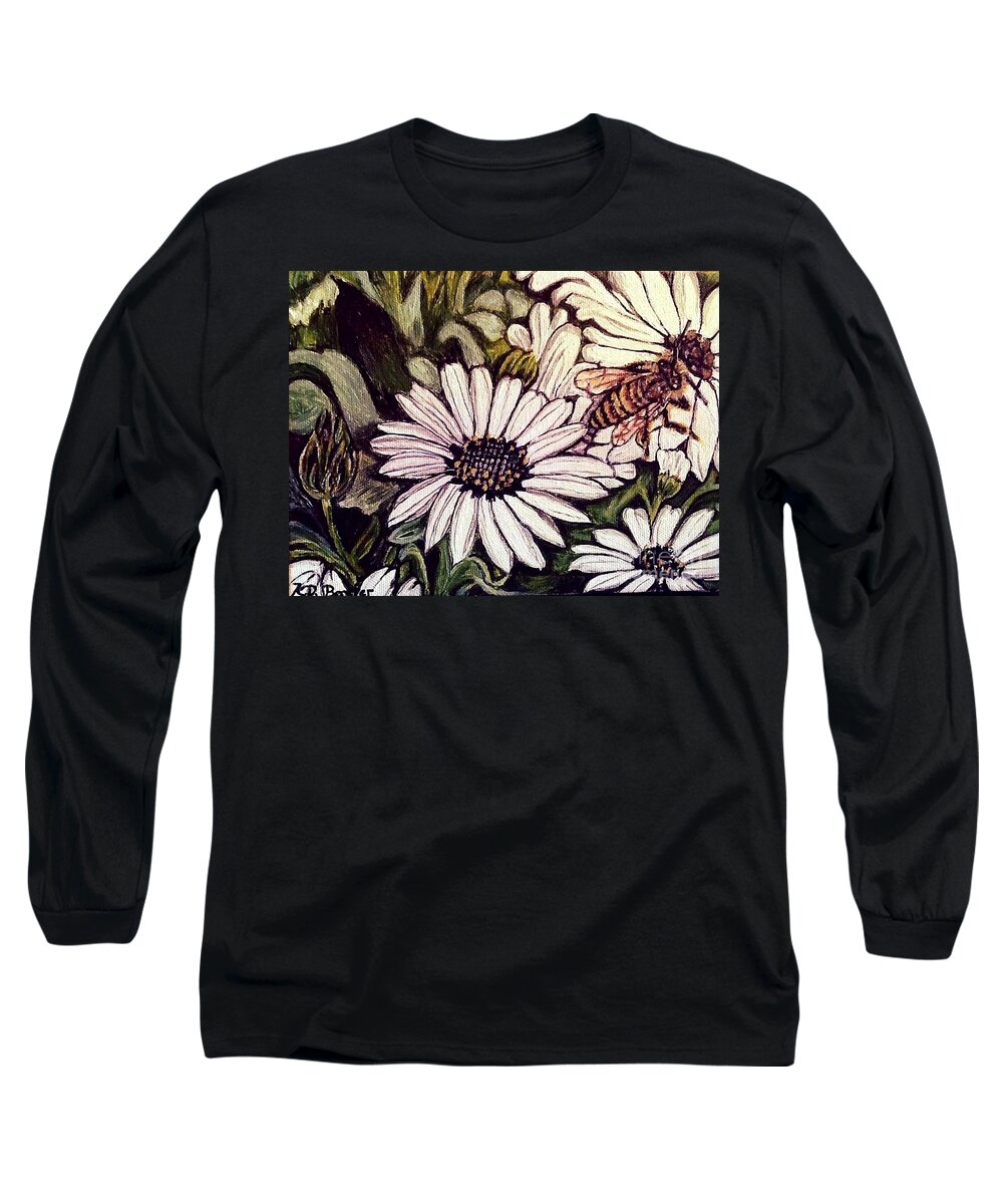 Nature Scene Spiritual Message Yellow Gold Honeybee Black Resting On Black And White Daisies With A Touch Of Yellow Gold Accent In The Flowerhead Stems With Deep Gray And Green With Yellow For Highlighting Acrylic Painting Long Sleeve T-Shirt featuring the painting Honeybee Cruzing the Daisies by Kimberlee Baxter