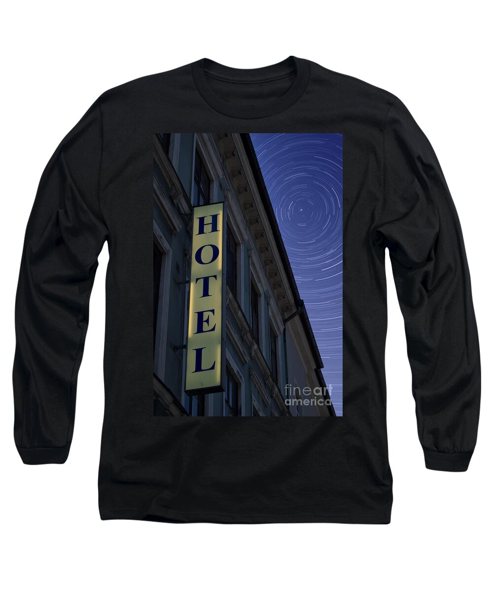 Hotel Long Sleeve T-Shirt featuring the photograph Hotel Sign At Night by Antony McAulay