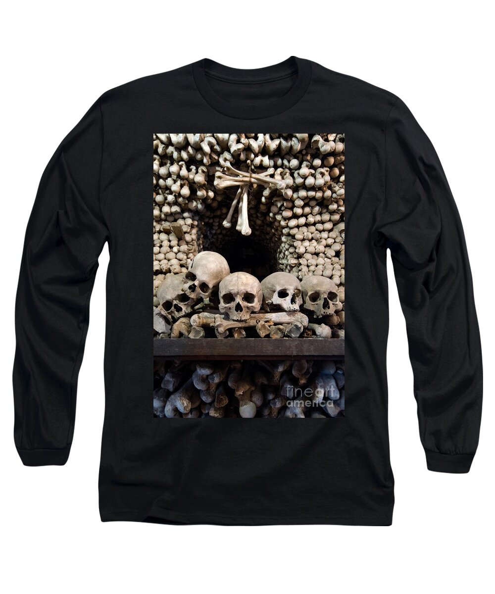 Skull Long Sleeve T-Shirt featuring the photograph Human skulls and wall made out of bones by Jaroslaw Blaminsky