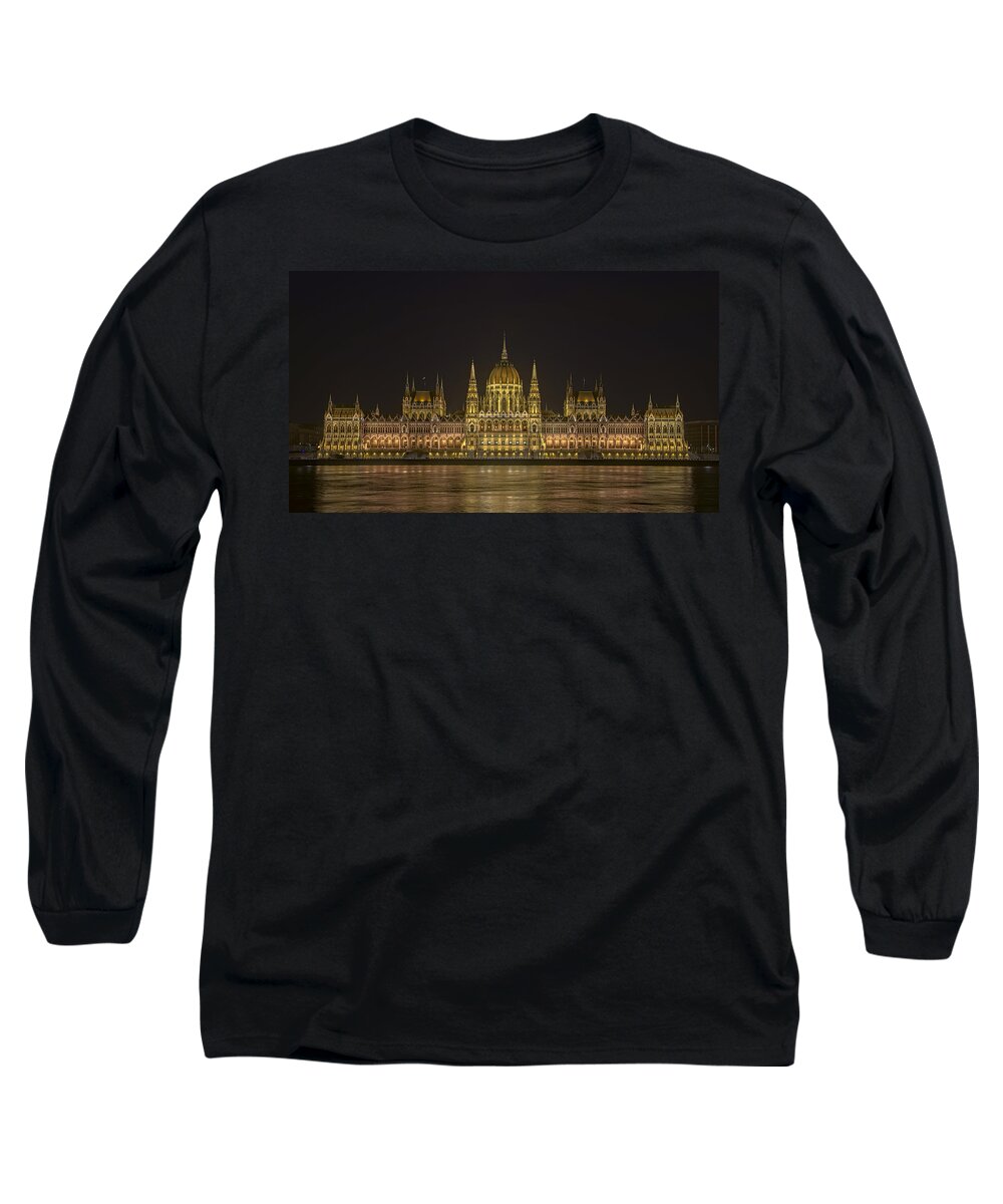 Joan Carroll Long Sleeve T-Shirt featuring the photograph Hungarian Parliament Building Night by Joan Carroll