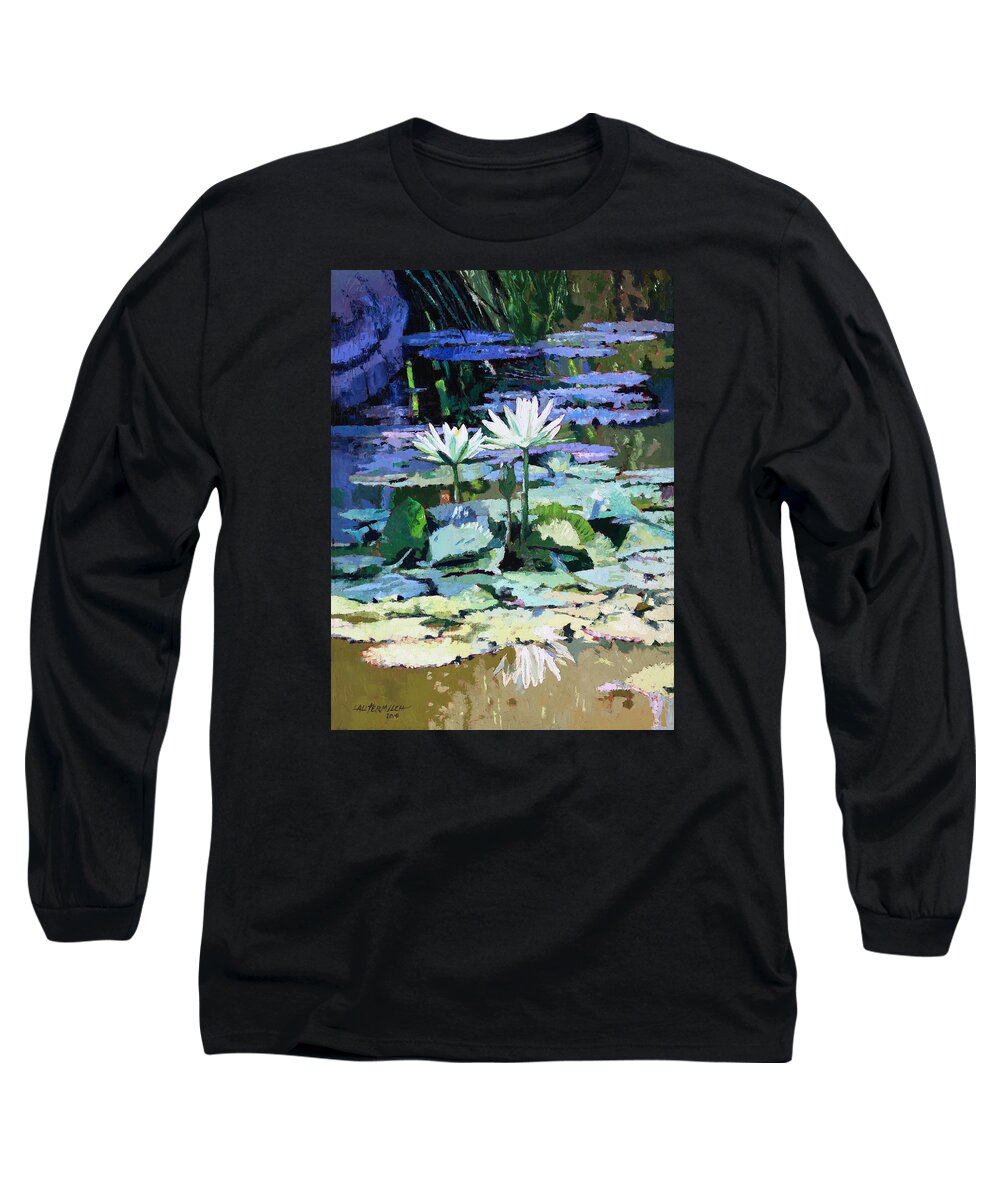 Garden Pond Long Sleeve T-Shirt featuring the painting Impressions of Sunlight by John Lautermilch
