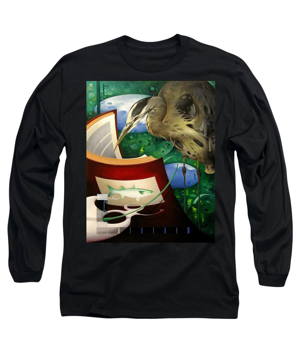 Heron Long Sleeve T-Shirt featuring the painting It's Hard To Put Down a Good Book by T S Carson