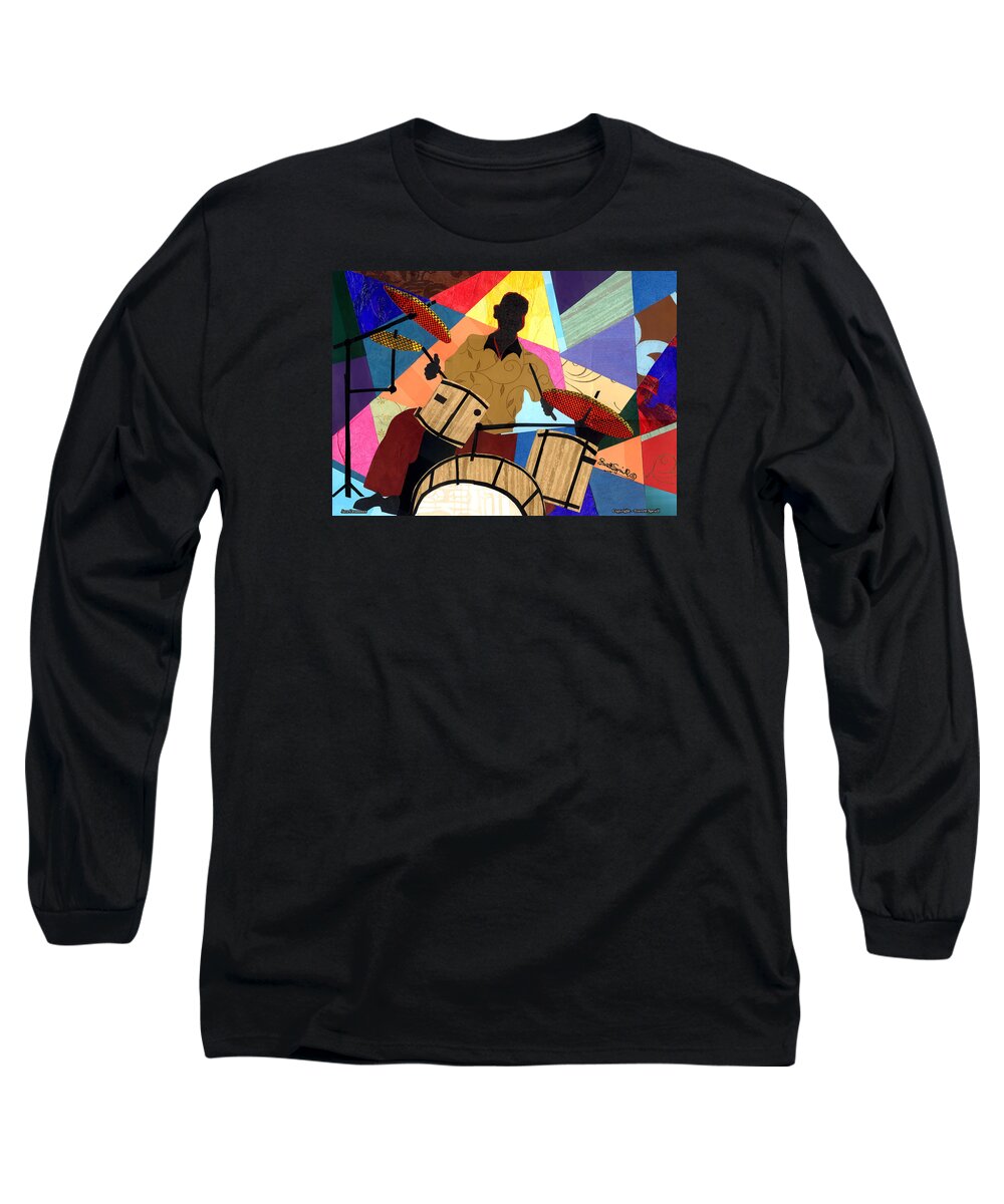 Everett Spruill Long Sleeve T-Shirt featuring the mixed media Jazzy Drummer by Everett Spruill