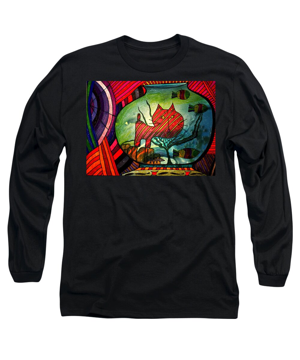 Cat Long Sleeve T-Shirt featuring the painting Kitty In A Fish Bowl - Abstract Cat by Marie Jamieson