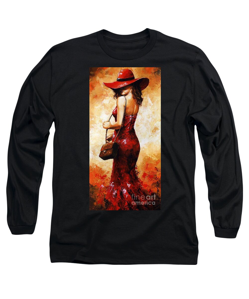 Lady Long Sleeve T-Shirt featuring the painting Lady in red 30 by Emerico Imre Toth