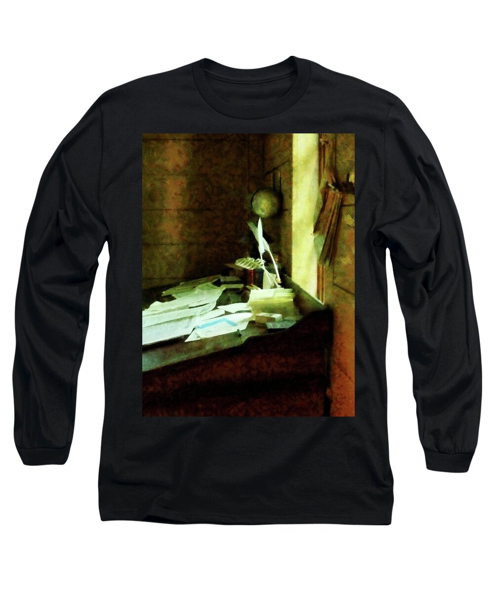 Lawyer Long Sleeve T-Shirt featuring the photograph Lawyer - Desk With Quills and Papers by Susan Savad