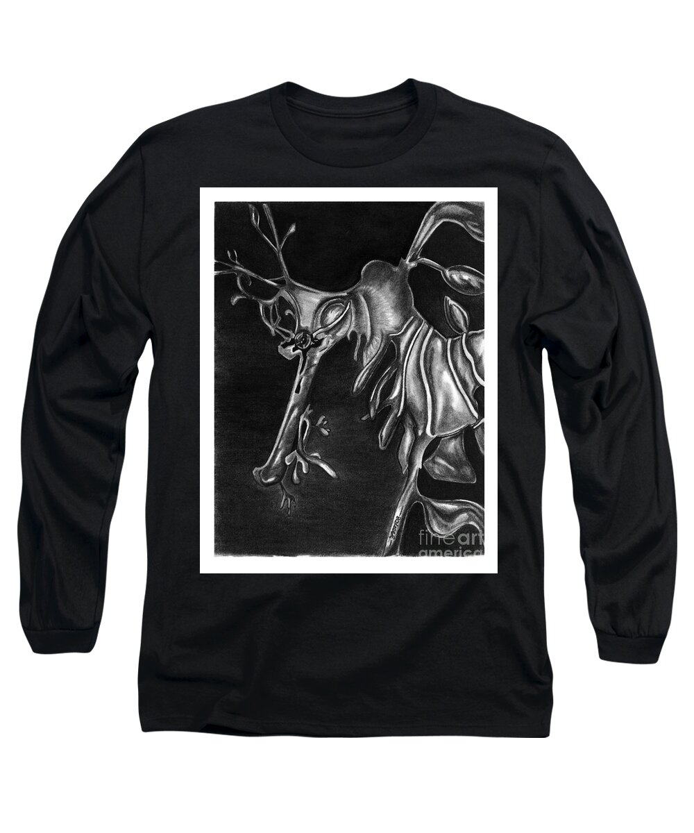 Charcoal Long Sleeve T-Shirt featuring the drawing Leafy Sea Dragon by Leara Nicole Morris-Clark