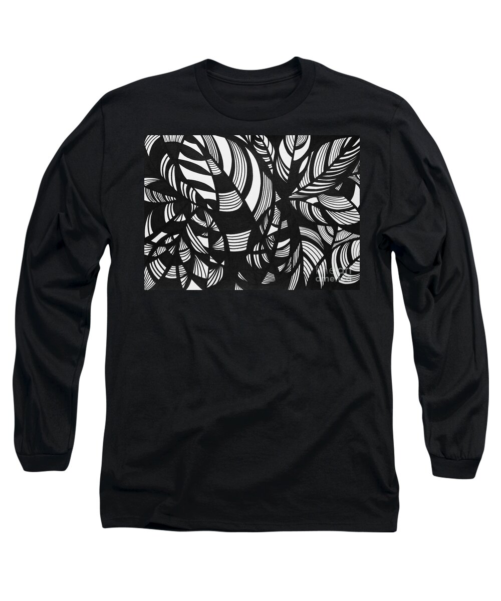 Black And White Long Sleeve T-Shirt featuring the drawing Leaves by Lynellen Nielsen