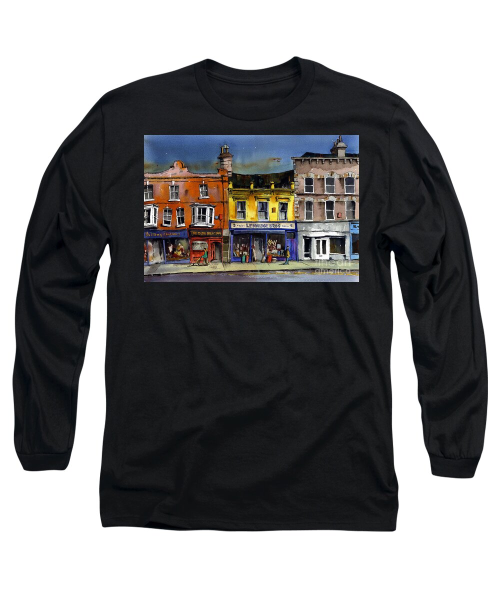 Valbyrne Long Sleeve T-Shirt featuring the mixed media Ledwidges One Stop shop, Bray by Val Byrne