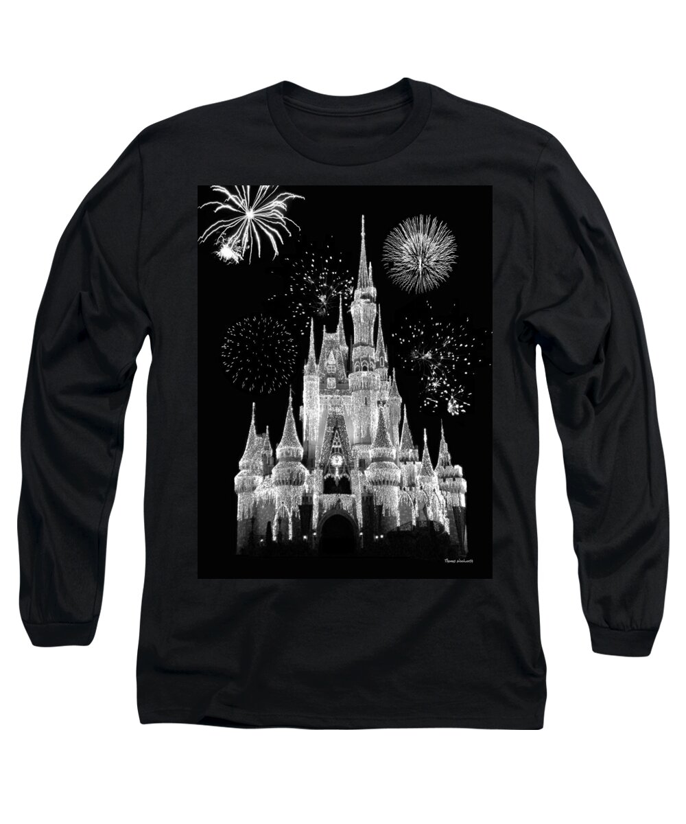 Black And White Long Sleeve T-Shirt featuring the photograph Magic Kingdom Castle in Black and White with Fireworks Walt Disney World by Thomas Woolworth
