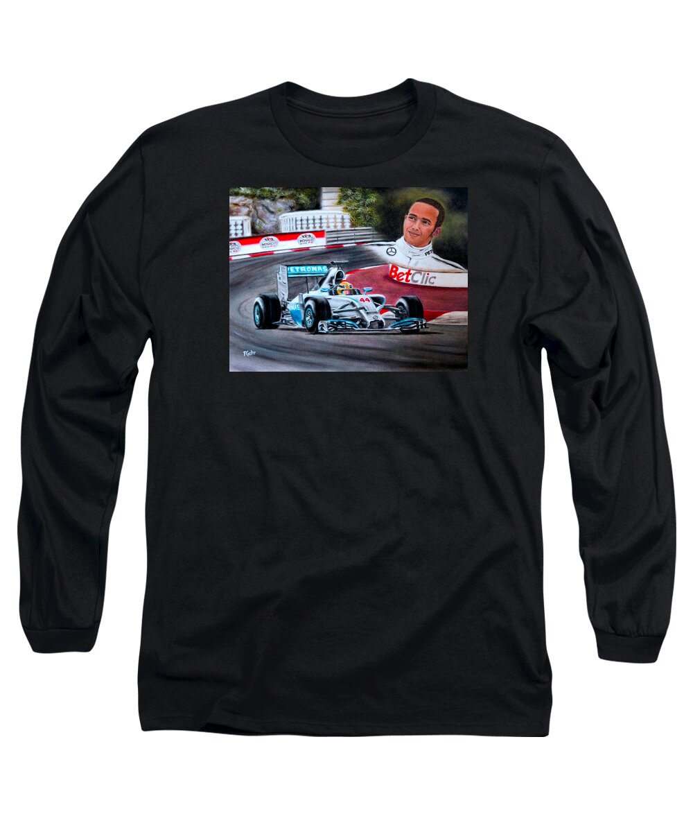 Formula One Racing Long Sleeve T-Shirt featuring the painting Magic of Monaco-Lewis Hamilton by Dr Pat Gehr