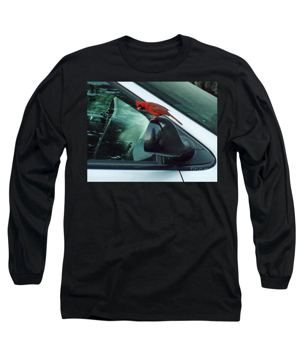 Bird Long Sleeve T-Shirt featuring the photograph Male Cardinal Admiring his reflection by Brenda Brown