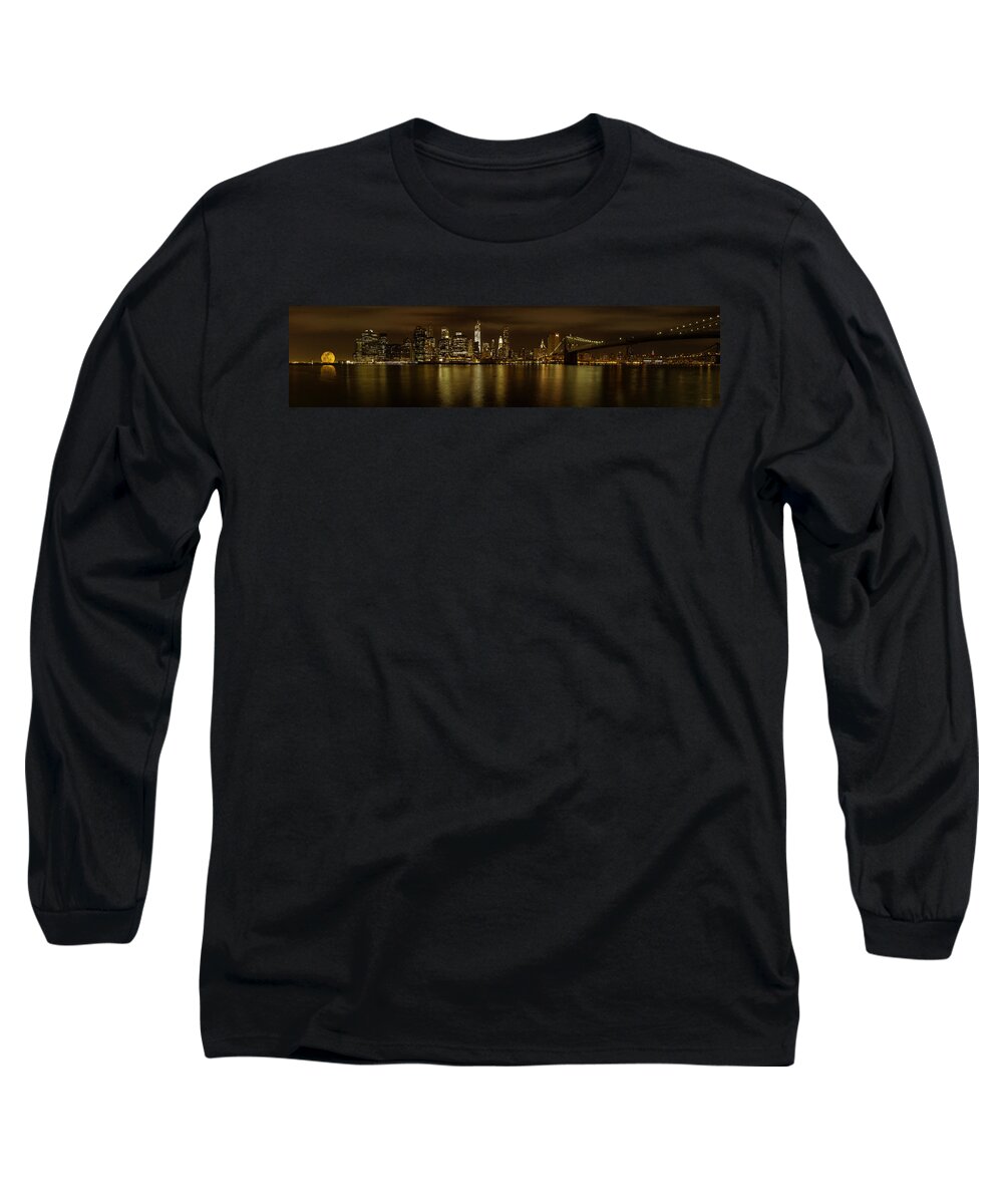 Brooklyn Long Sleeve T-Shirt featuring the photograph Manhattan from Brooklyn with the Brooklyn Bridge and full moon by Angela Stanton