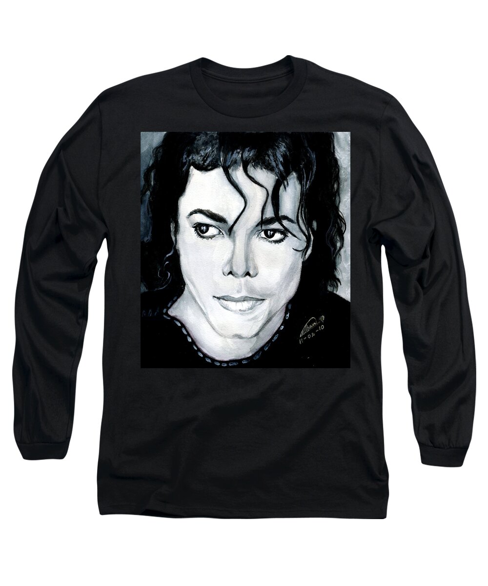 Michael Jackson Long Sleeve T-Shirt featuring the painting Michael Jackson Portrait by Alban Dizdari