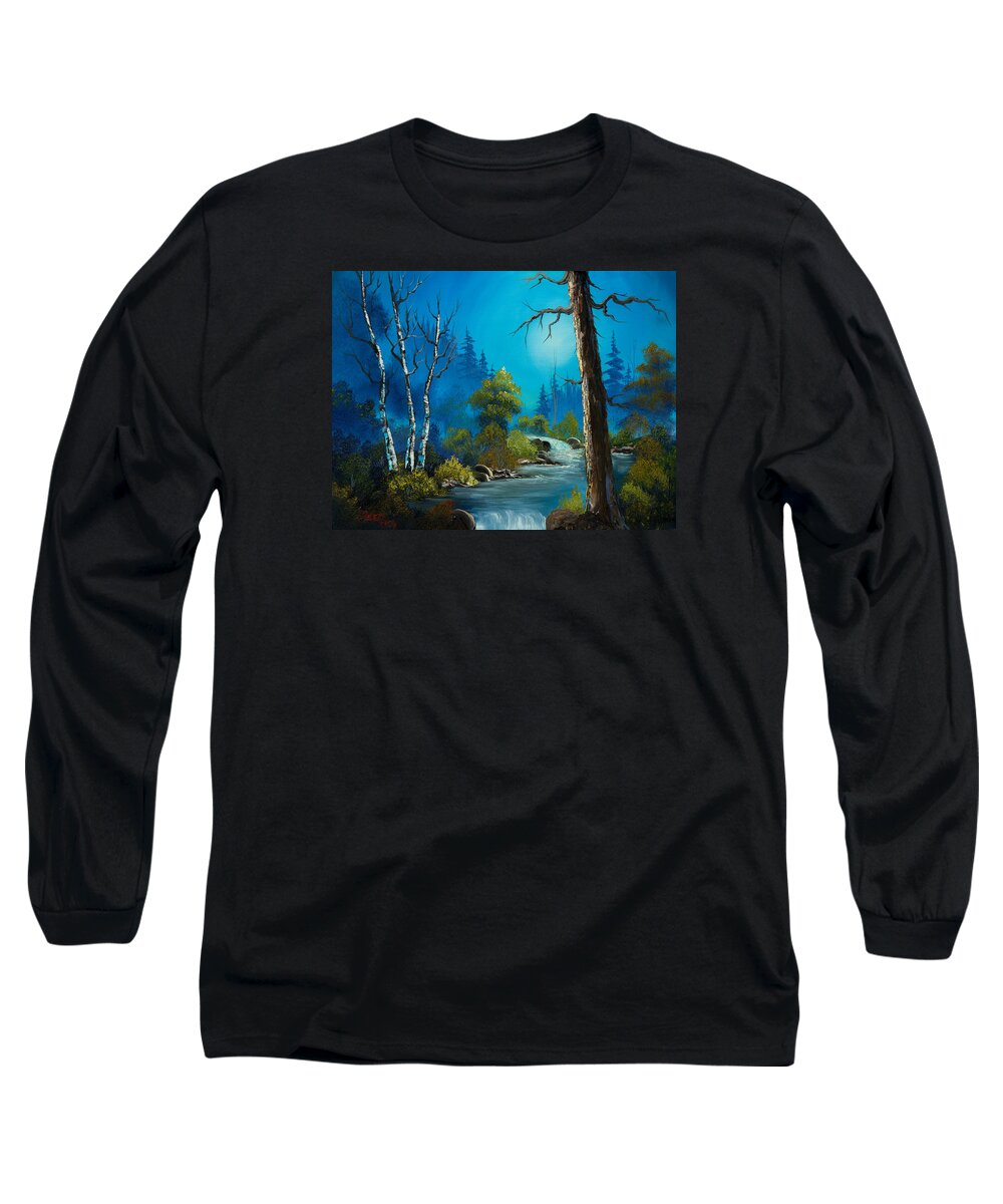 Landscape Long Sleeve T-Shirt featuring the painting Moonlight Stream by Chris Steele