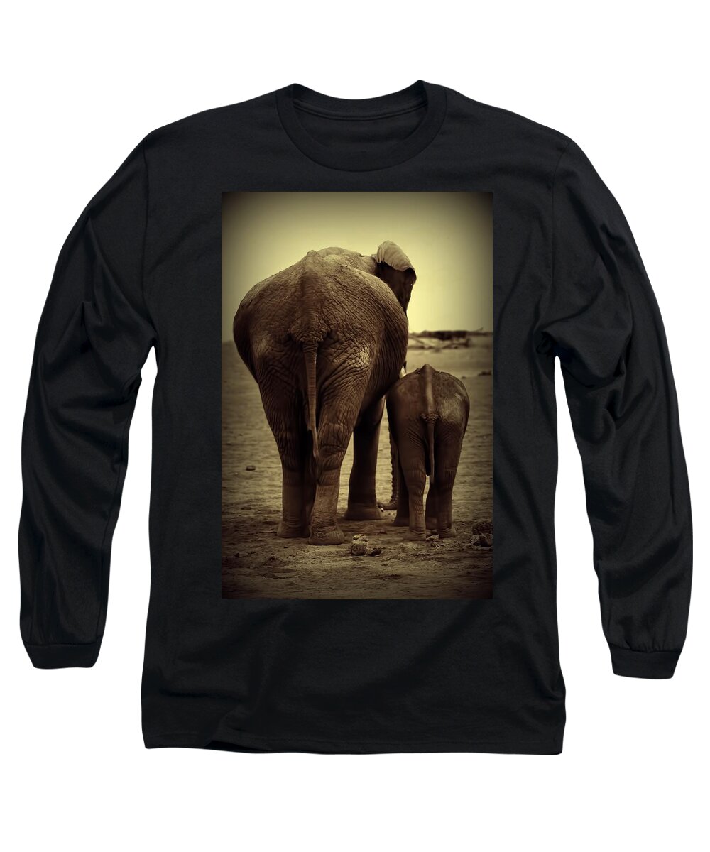 Mother And Baby Elephant Long Sleeve T-Shirt featuring the photograph Mother And Baby Elephant In Black And White by Amanda Stadther