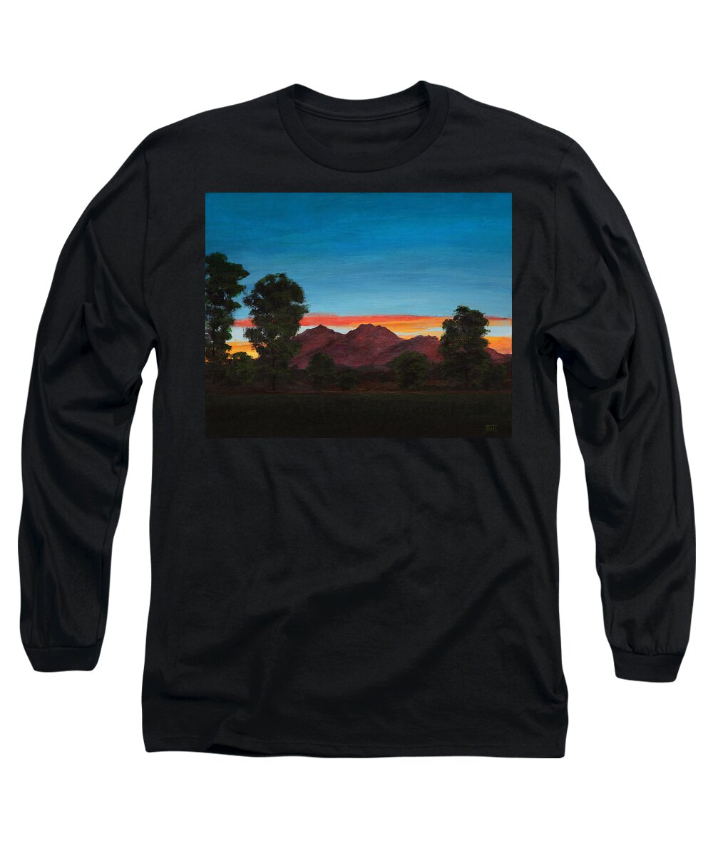 Mountain Long Sleeve T-Shirt featuring the painting Mountain at Night by Masha Batkova