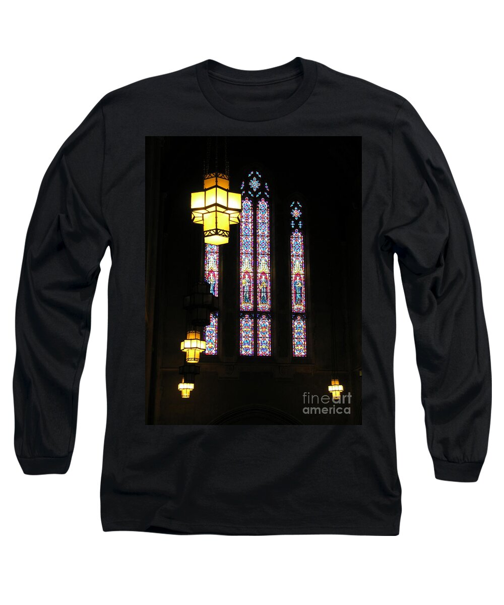 Muhlenberg College Long Sleeve T-Shirt featuring the photograph Egner Memorial Chapel Windows and Tudor Luminaries by Jacqueline M Lewis