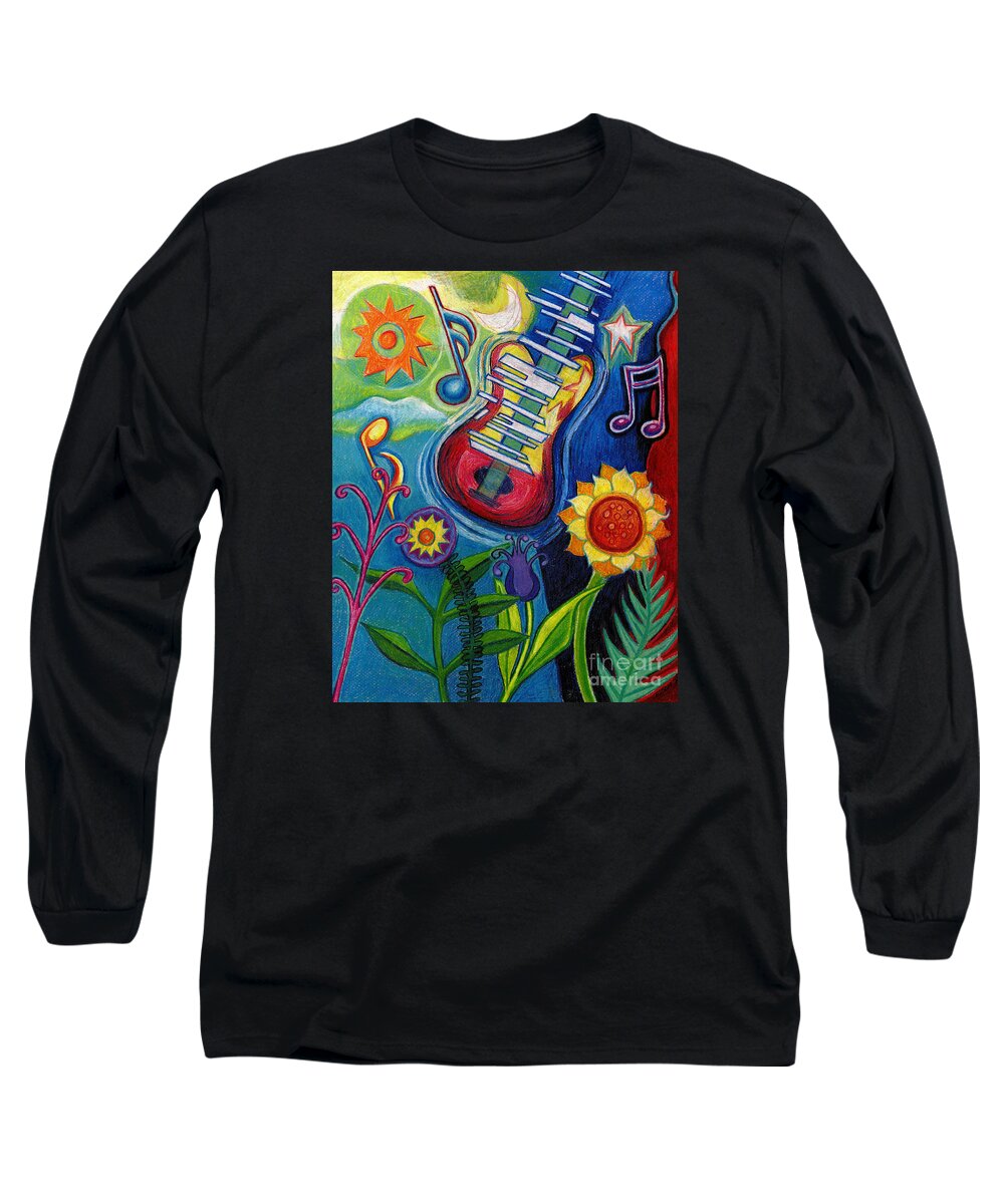Music Long Sleeve T-Shirt featuring the drawing Music On Flowers by Genevieve Esson