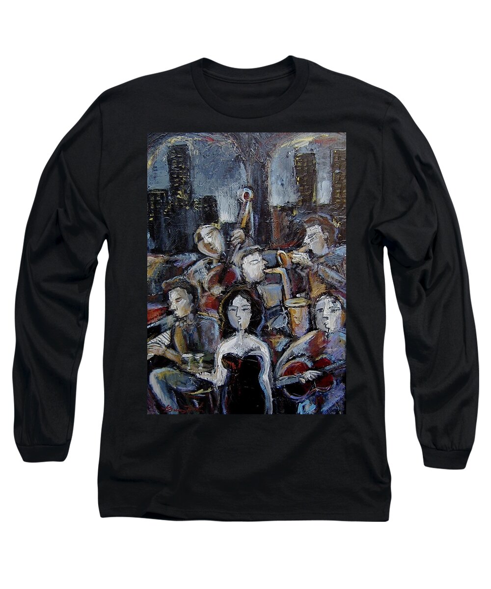 Moody Jazz Bar Long Sleeve T-Shirt featuring the mixed media New York State Of Mind by Gerry High