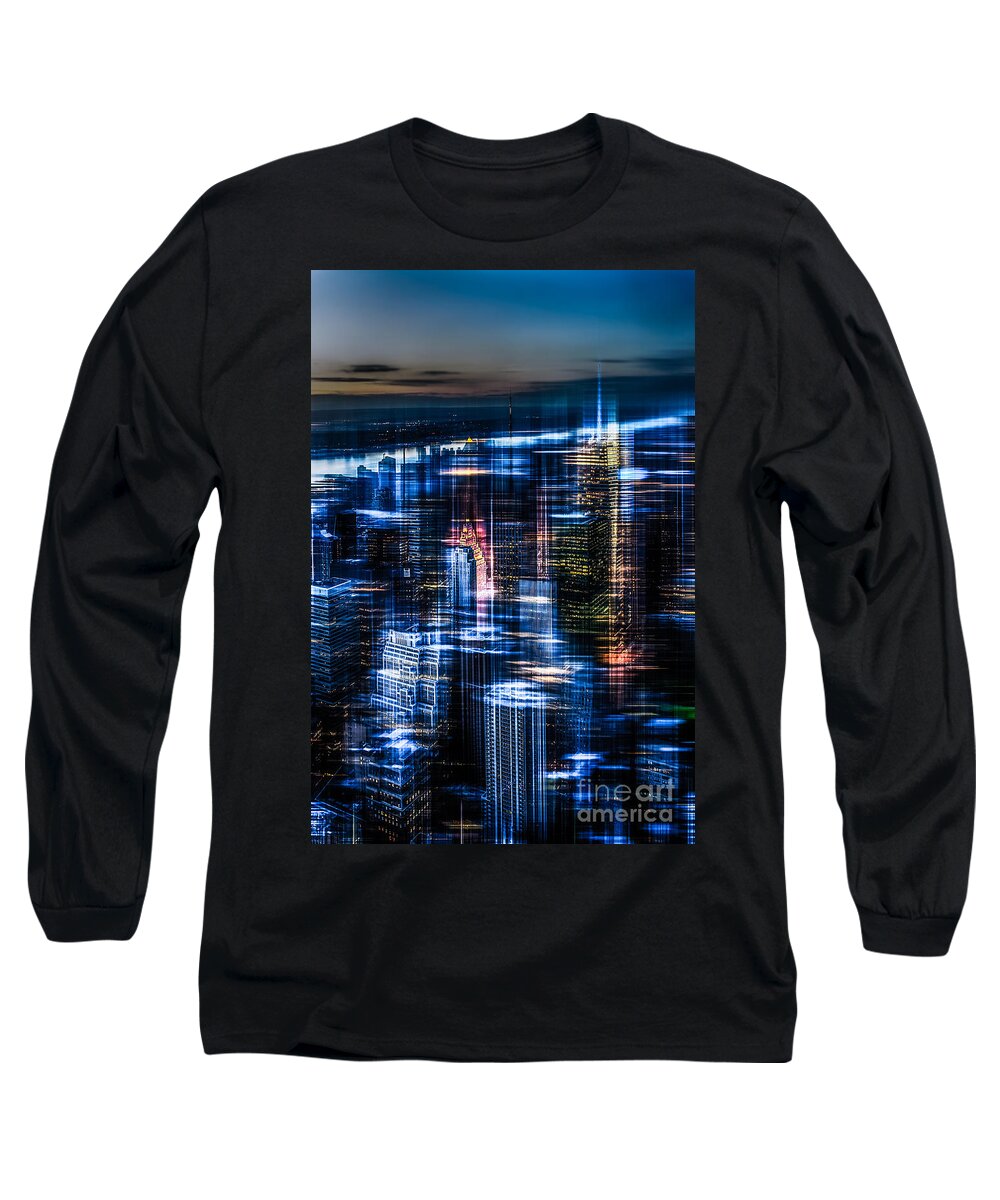 Nyc Long Sleeve T-Shirt featuring the photograph New York - the night awakes - blue I by Hannes Cmarits