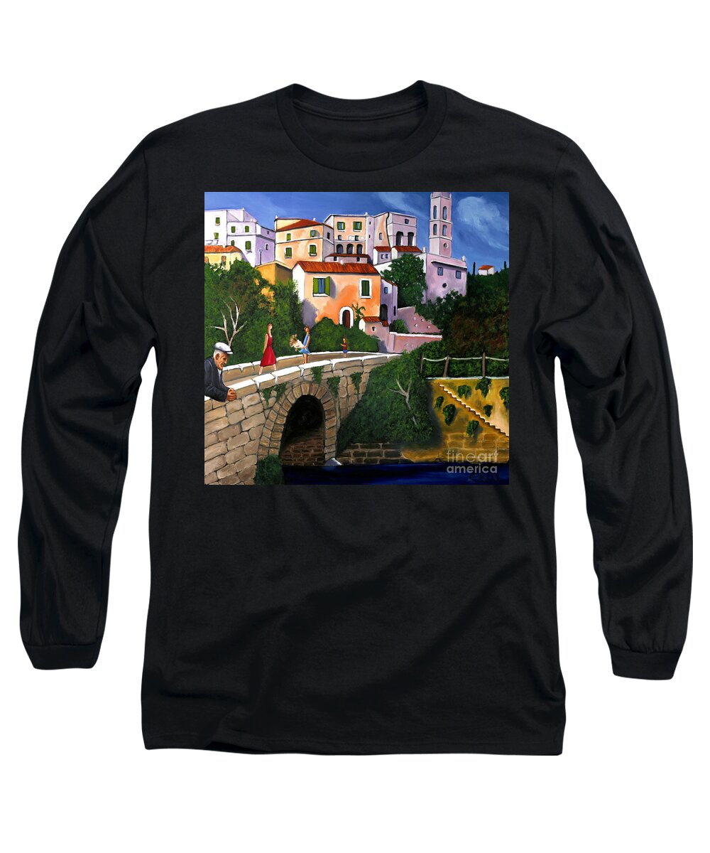 Mediterranean Art Long Sleeve T-Shirt featuring the painting Old Man On Bridge by William Cain