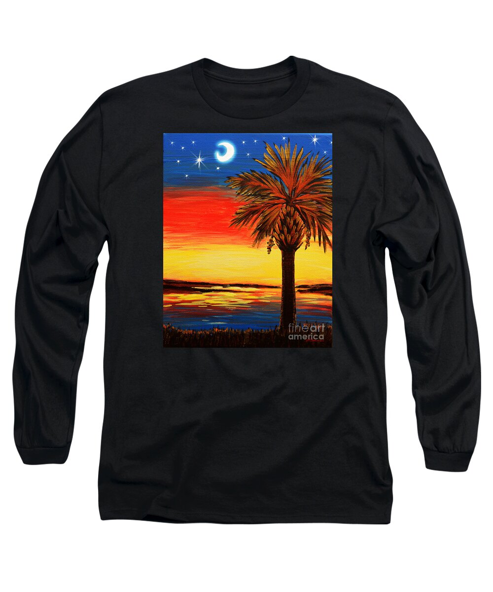 Palmetto Tree With Moon Long Sleeve T-Shirt featuring the painting Palmetto Moon And Stars by Pat Davidson