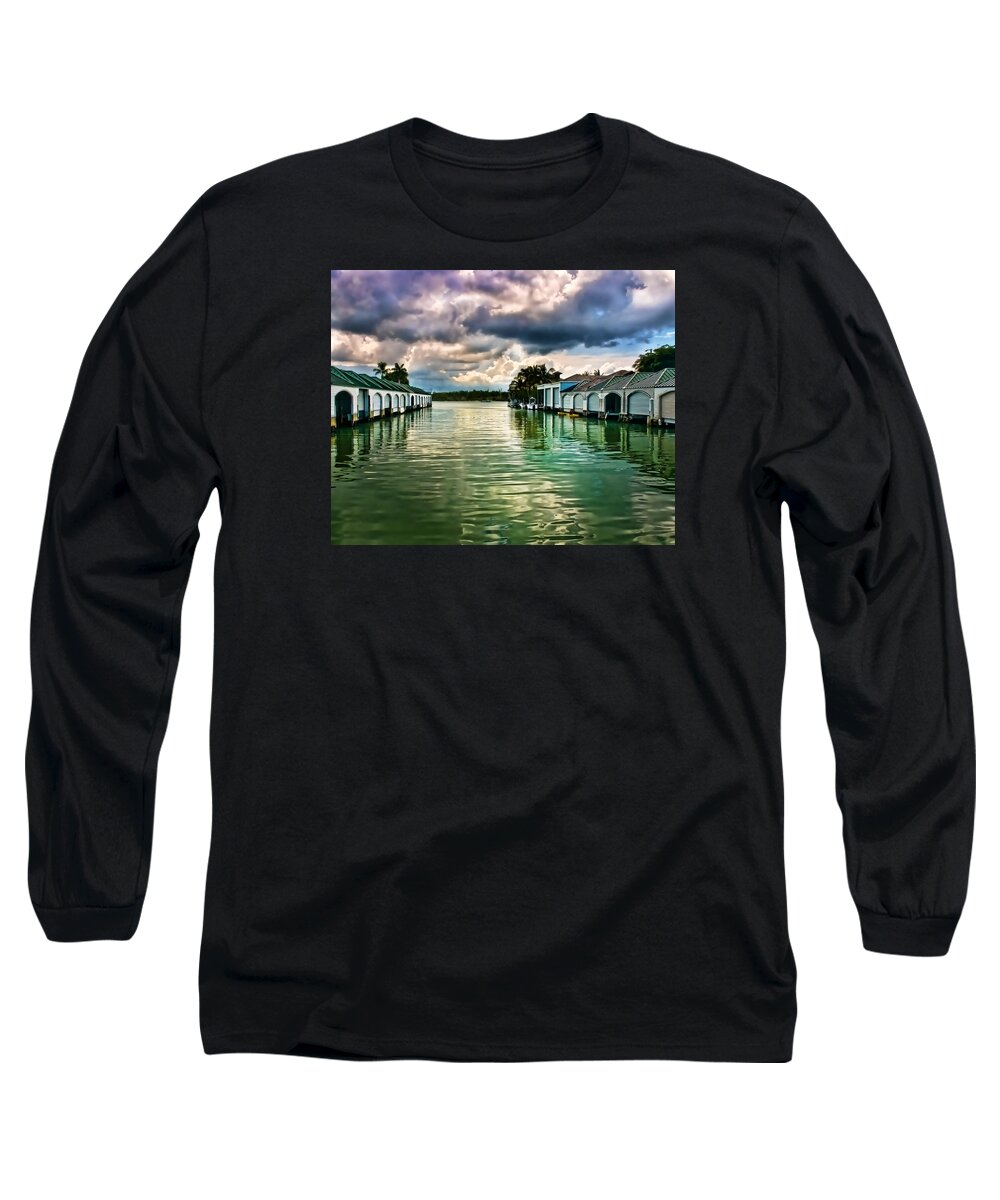 Port Royal Naples Florida Waterfront Long Sleeve T-Shirt featuring the photograph Storm Clouds Over Port Royal Boathouses in Naples by Ginger Wakem